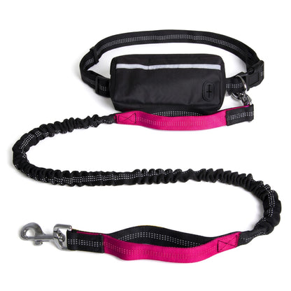 Hands free dog lead with black waist bag and pink bungee lead