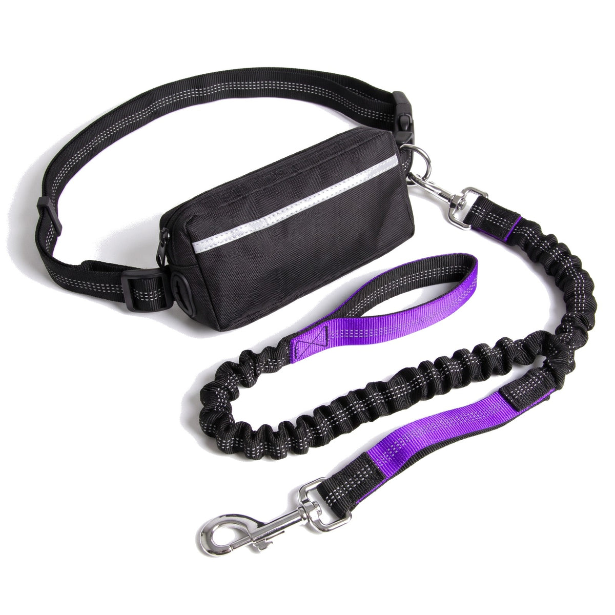 Hands free dog lead with black waist bag and purple bungee lead
