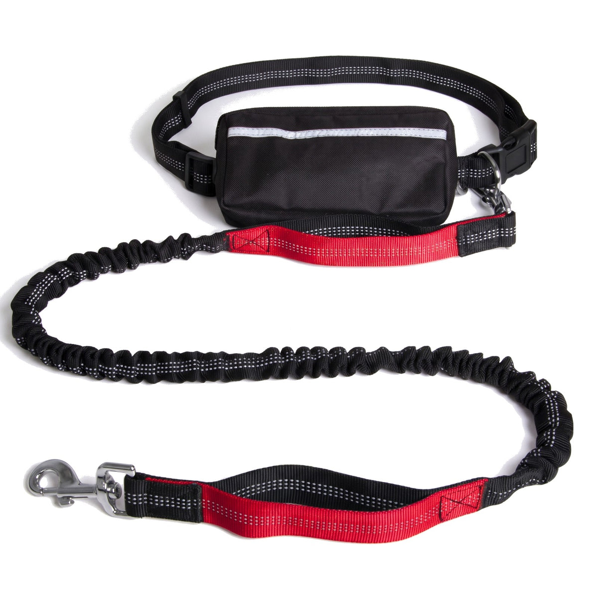 Hands free dog lead with black waist bag and red bungee lead
