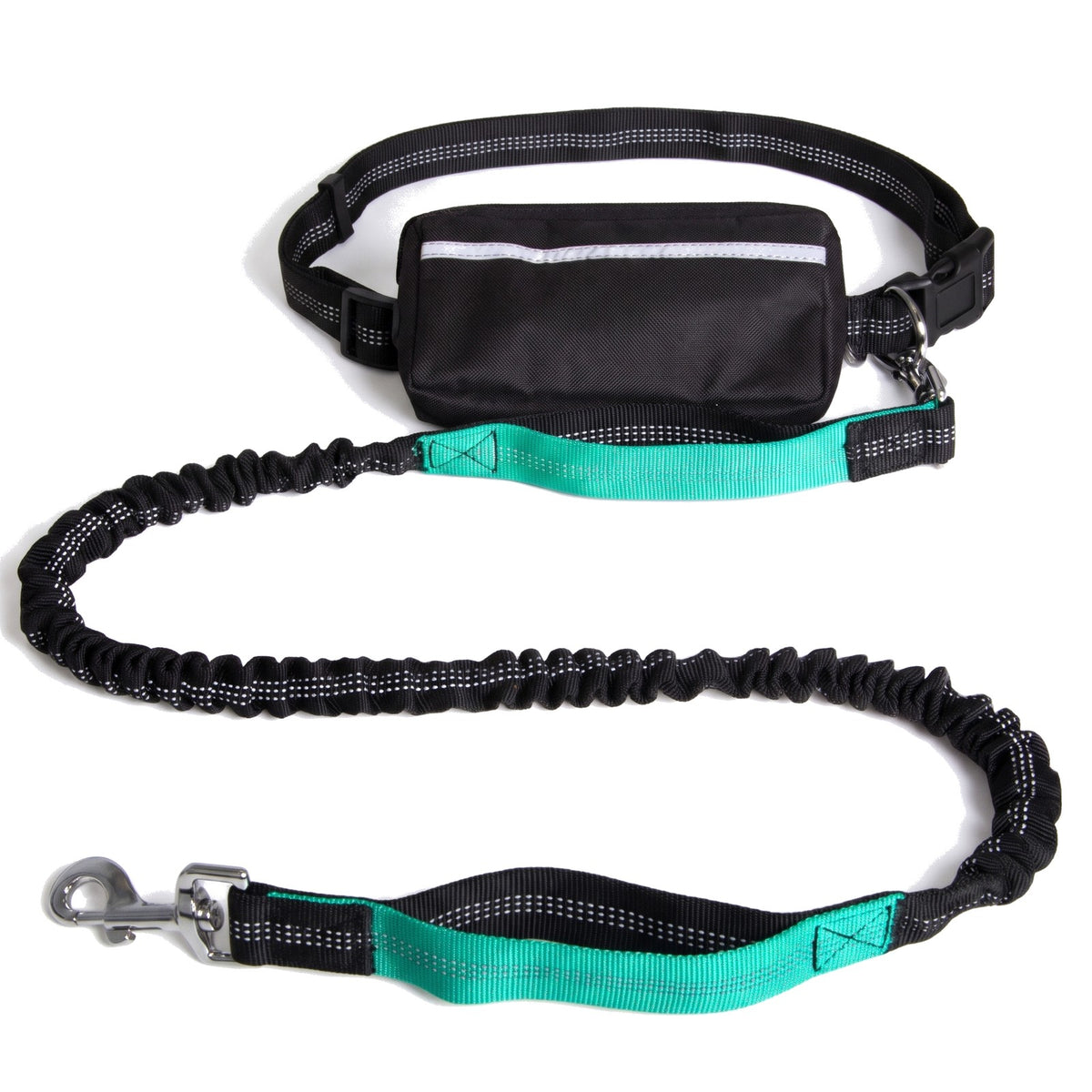 Hands free dog lead with black waist bag and teal bungee lead