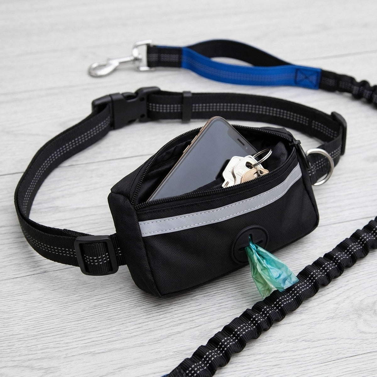 Waist bag of the hands free dog lead with open zipped pockets holding a phone, keys and poo bags