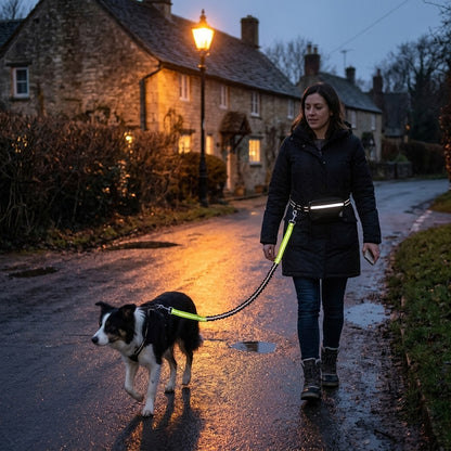 Woman walking a Border Collie hands free on a dark winter evening with a reflective waist bag lead