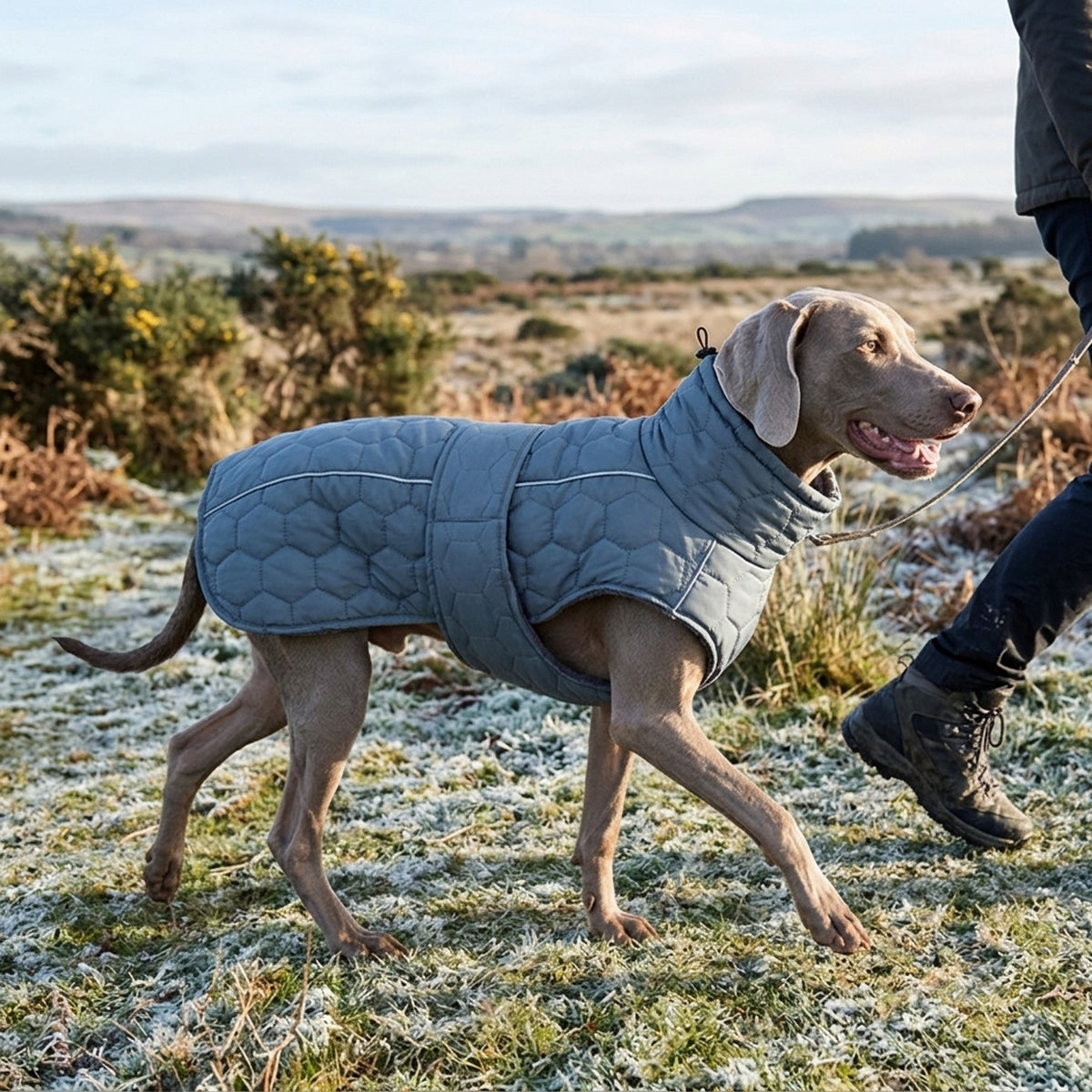 Weimaraner in a Grey quilted dog coat on a frosty winter walk