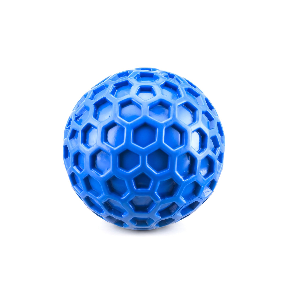 Blue honeycomb squeaky rubber dog ball