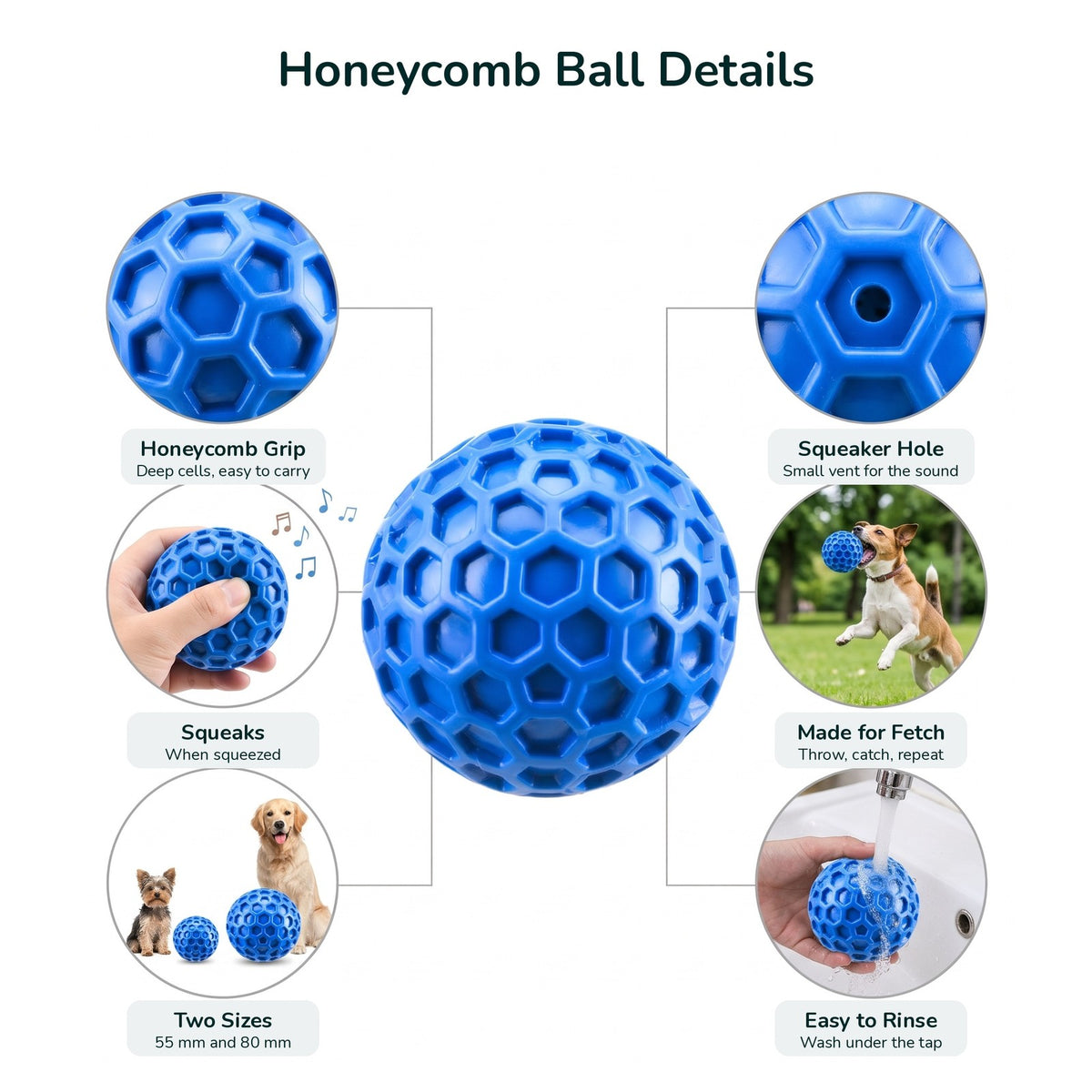 Honeycomb ball details: honeycomb grip, squeaks, two sizes 55 mm and 80 mm, squeaker hole, made for fetch, easy to rinse