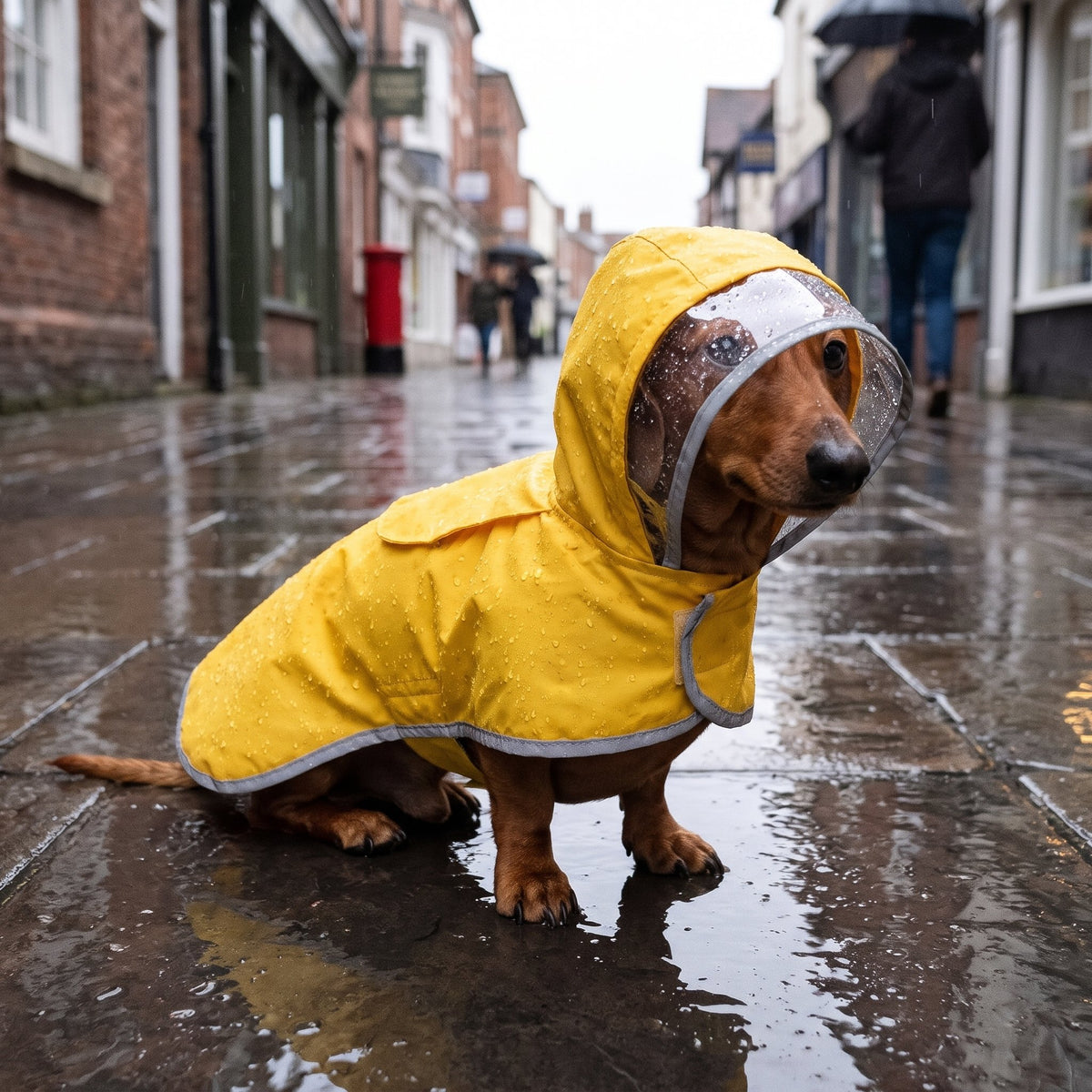 Hooded Dog Raincoat with Clear Visor in use outdoors