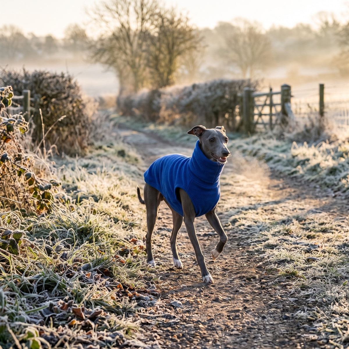 Italian Greyhound in a blue fleece jumper on a frosty winter walk