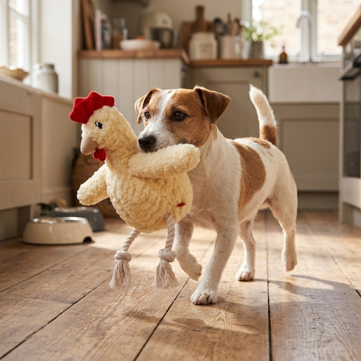 Jack Russell carrying the yellow chicken plush squeaky dog toy