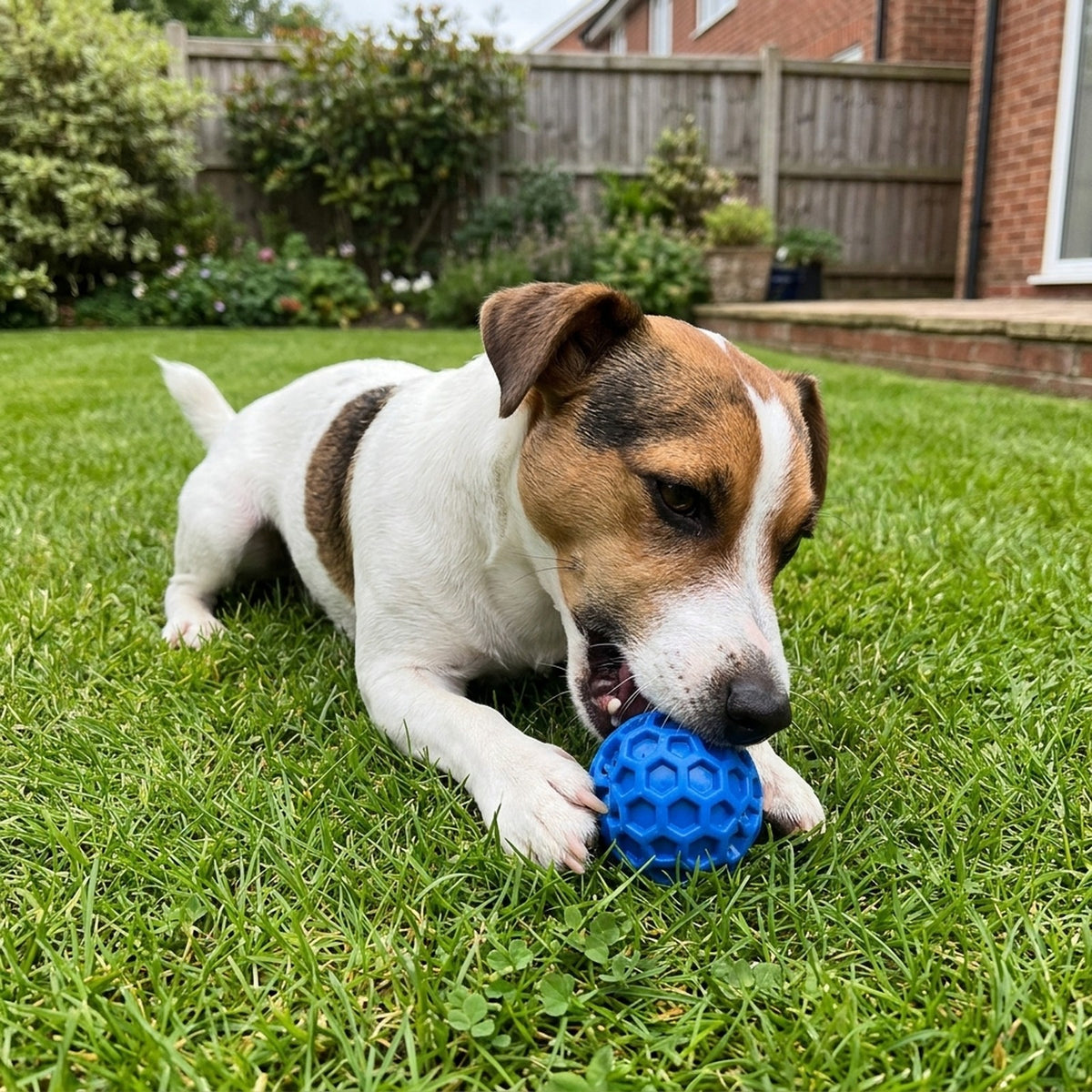 Jack Russell chewing the squeaky dog ball in a garden