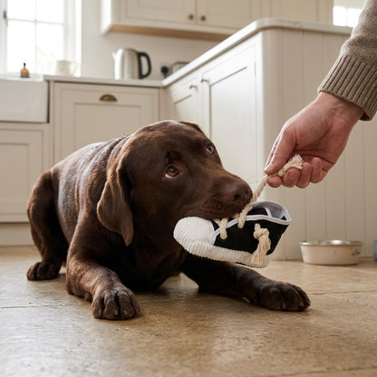 Chocolate Labrador playing tug with the small black sneaker squeaky dog toy in a kitchen
