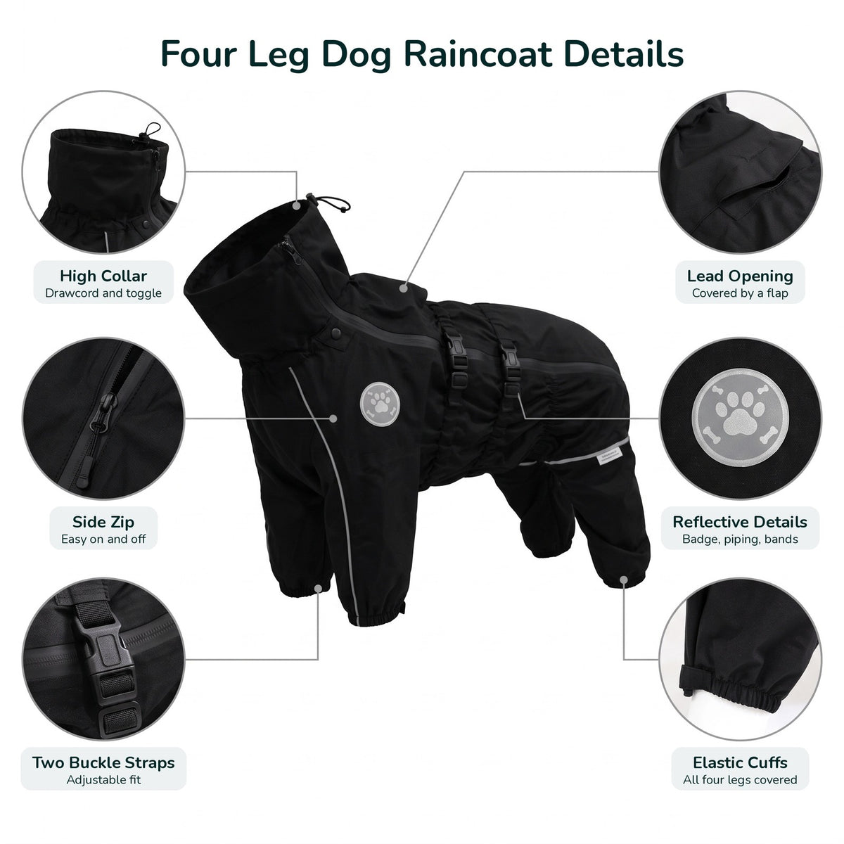 Large dog raincoat details: high collar, side zip, two buckle straps, lead opening, reflective details, elastic cuffs