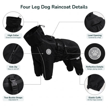 Large dog raincoat details: high collar, side zip, two buckle straps, lead opening, reflective details, elastic cuffs