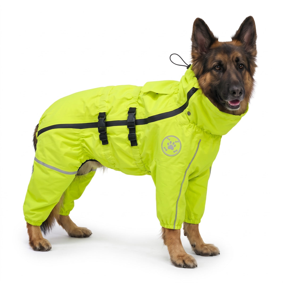 Large dog raincoat with legs in Neon Green on a German Shepherd