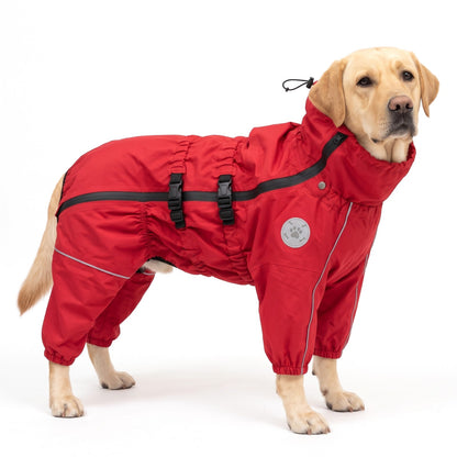 Large dog raincoat with legs in Red on a Labrador Retriever