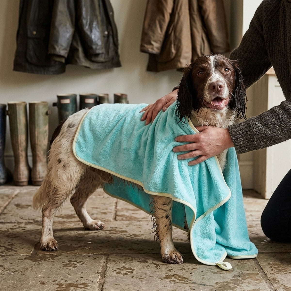Owner drying a wet muddy springer spaniel with an aqua microfibre dog towel