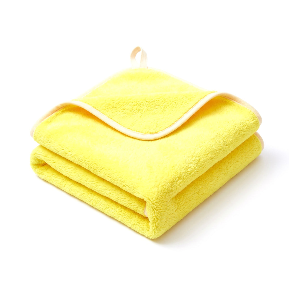 Yellow microfibre dog towel with cream binding and hanging loop