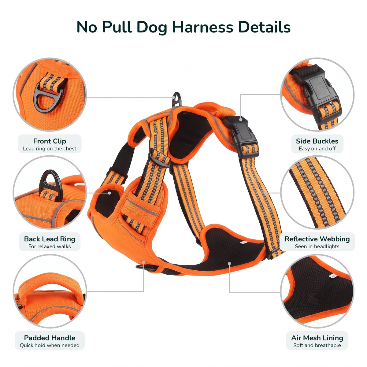 No pull dog harness details: front clip, back lead ring, padded handle, side buckles, reflective webbing, air mesh lining