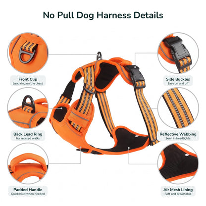 No pull dog harness details: front clip, back lead ring, padded handle, side buckles, reflective webbing, air mesh lining