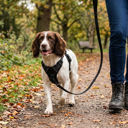 Springer Spaniel on a walk with the lead clipped to the front ring of a black no pull harness