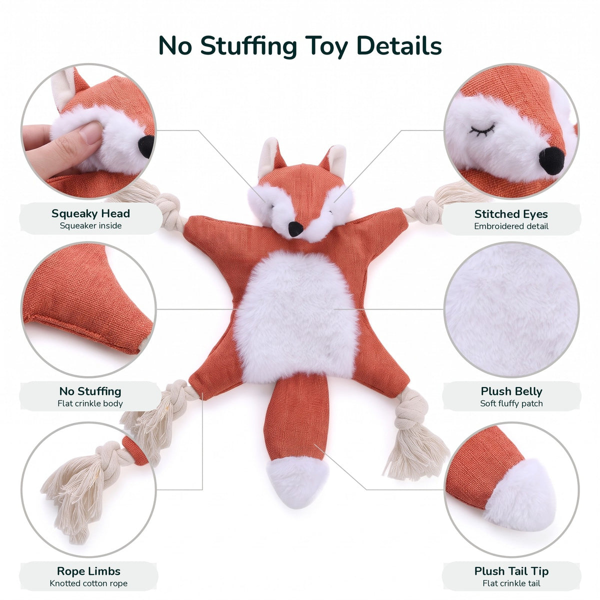 No stuffing dog toy details: squeaky head, embroidered eyes, flat crinkle body, plush belly, knotted rope limbs, plush tail tip