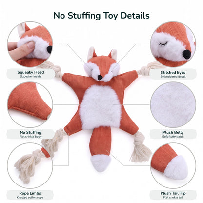 No stuffing dog toy details: squeaky head, embroidered eyes, flat crinkle body, plush belly, knotted rope limbs, plush tail tip