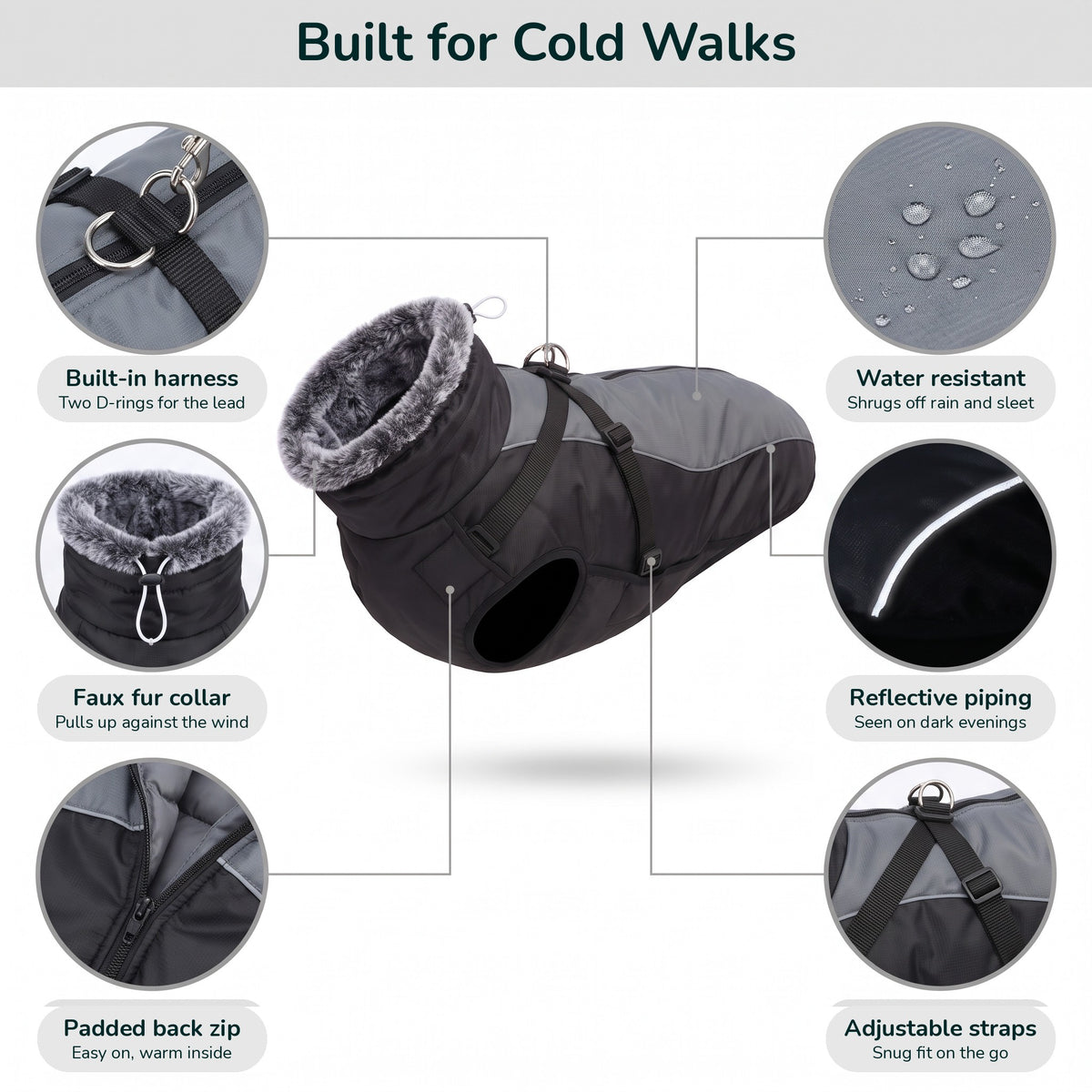 Padded dog coat details: built-in harness, faux fur collar, back zip, water resistant shell, reflective piping, adjustable straps