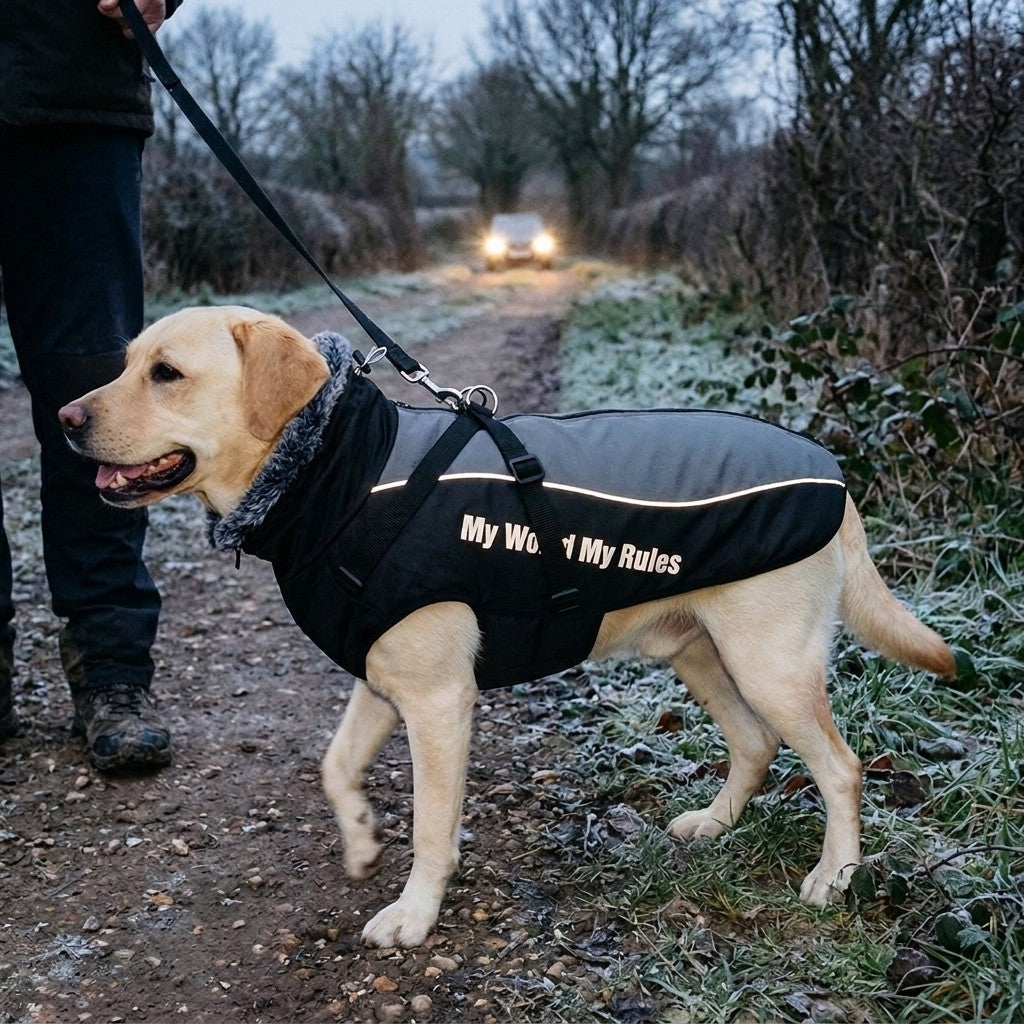 Labrador in a Stone Grey reflective padded dog coat glowing in headlights on a frosty evening walk