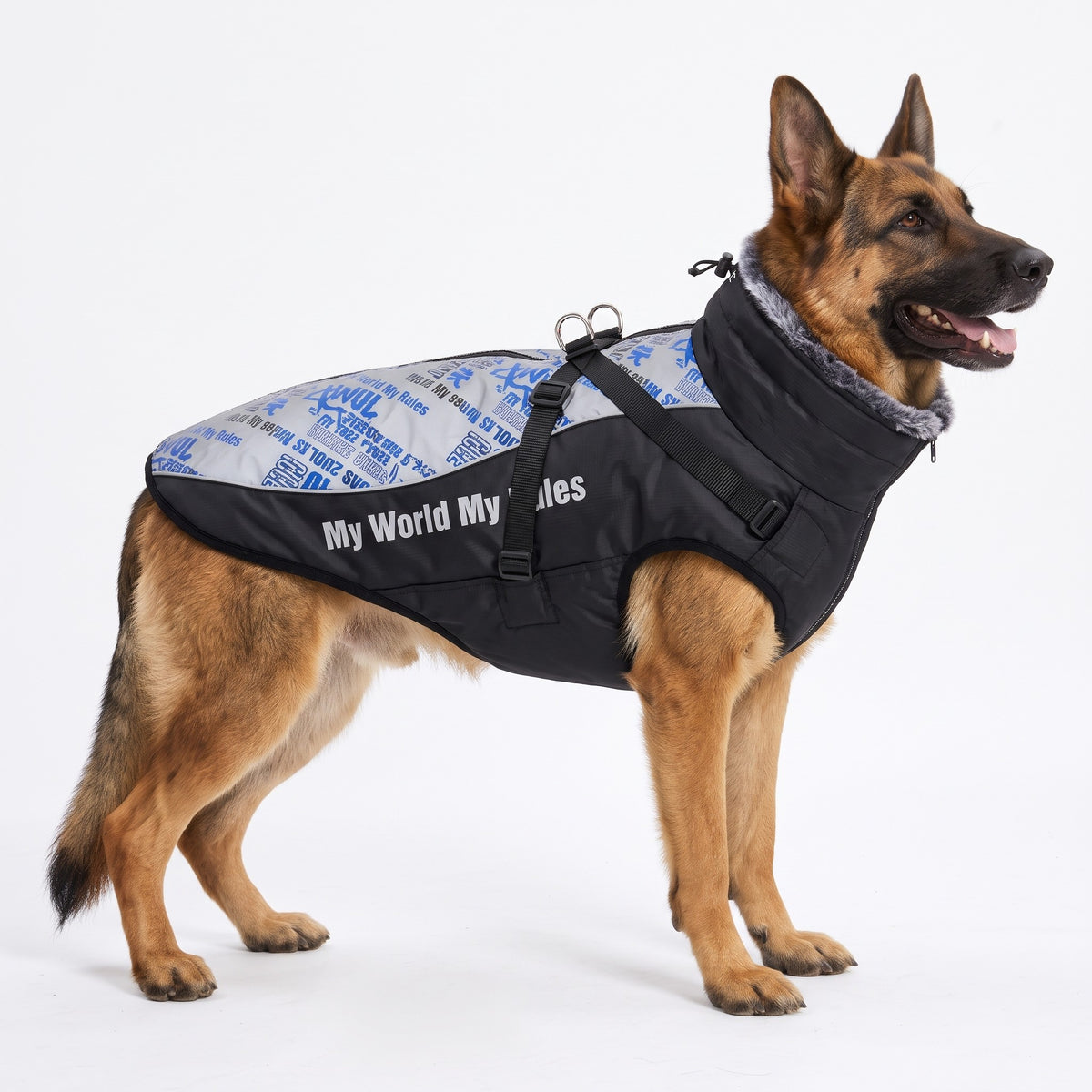 Reflective padded dog coat with built-in harness in Reflective Blue on a German Shepherd