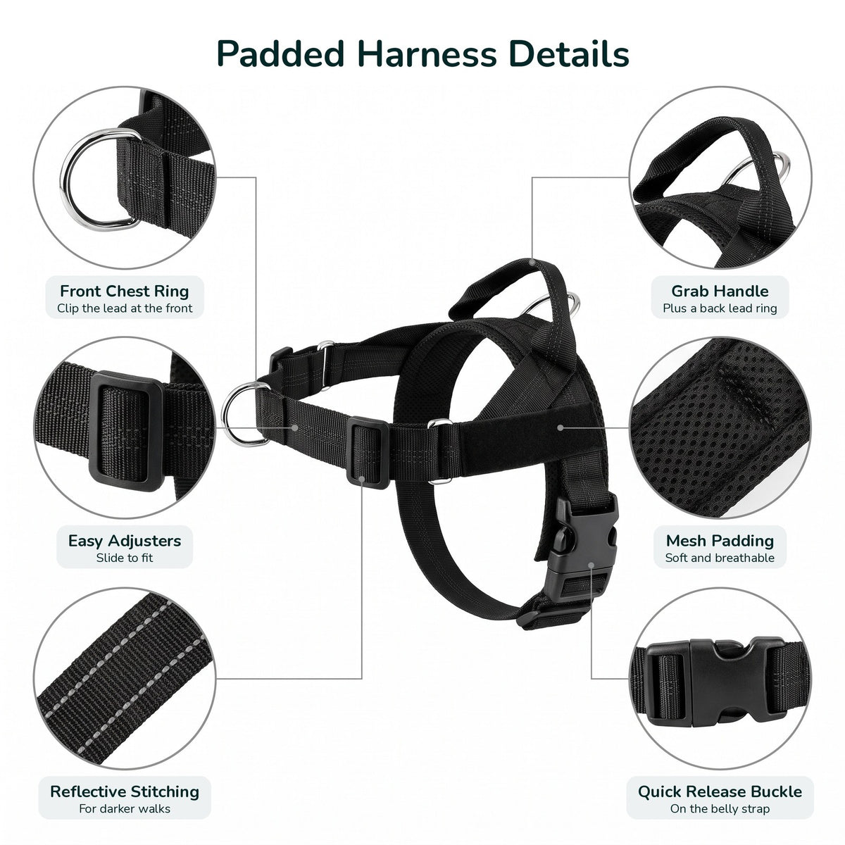 Padded dog harness details: front chest ring, adjusters, reflective stitching, grab handle, mesh padding, quick release buckle