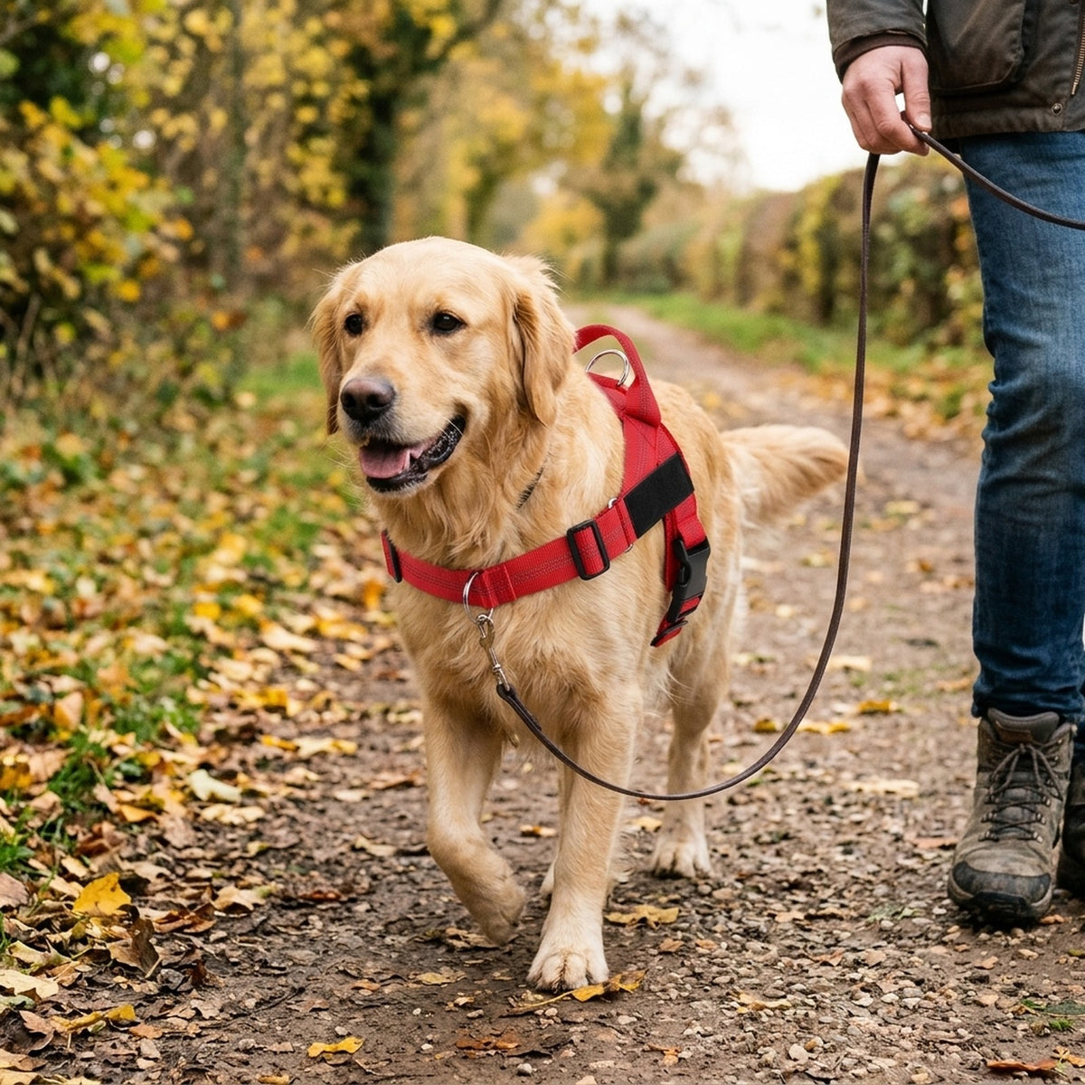 Golden Retriever walking on a lead clipped to the front chest ring of a red padded harness