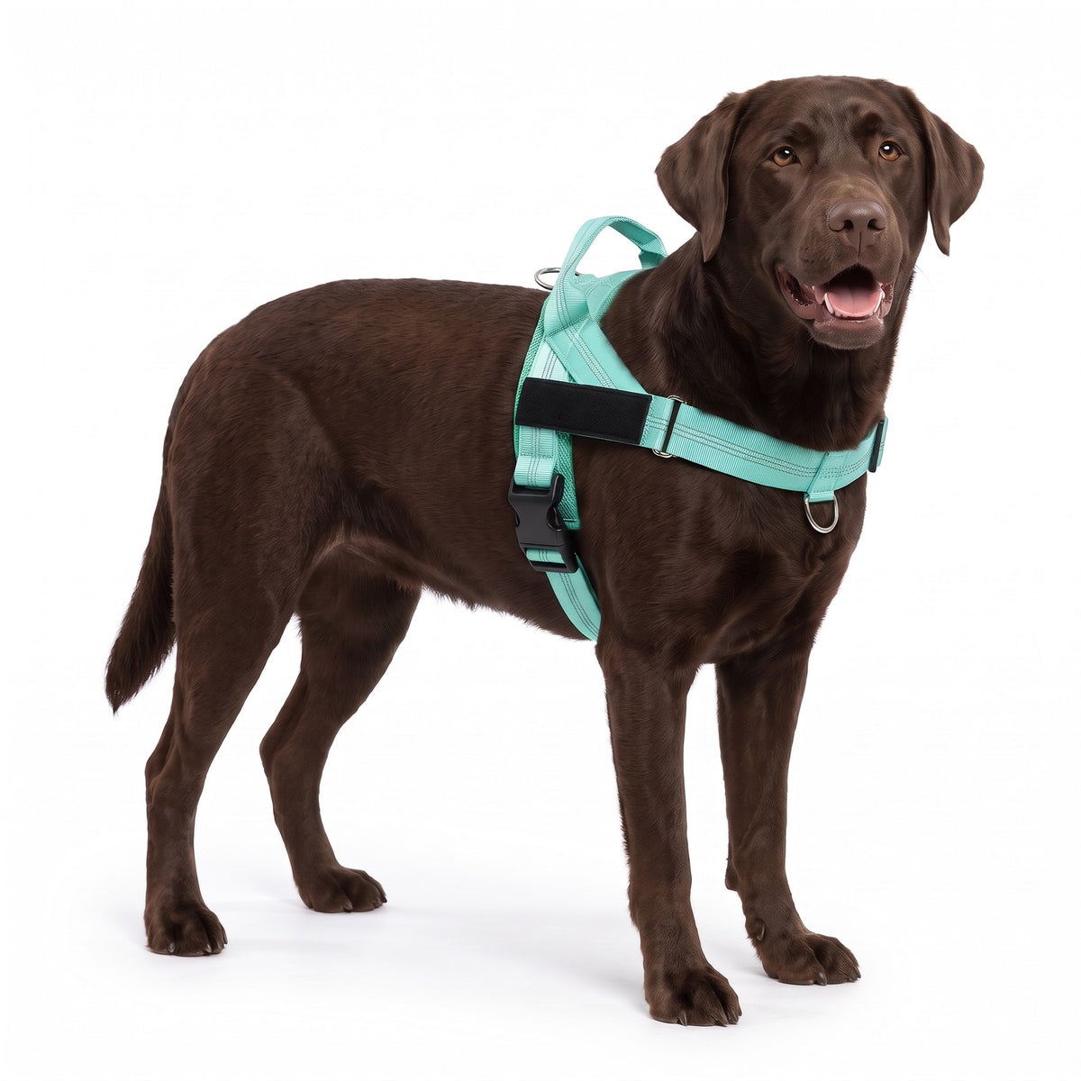 Padded dog harness with handle in Mint Green on a chocolate Labrador