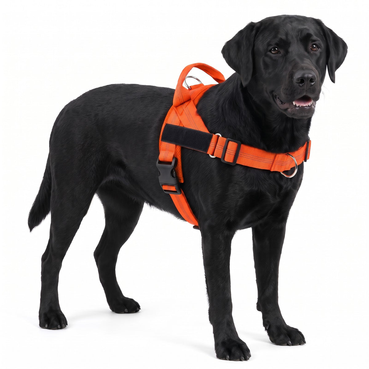 Padded dog harness with handle in Orange on a black Labrador