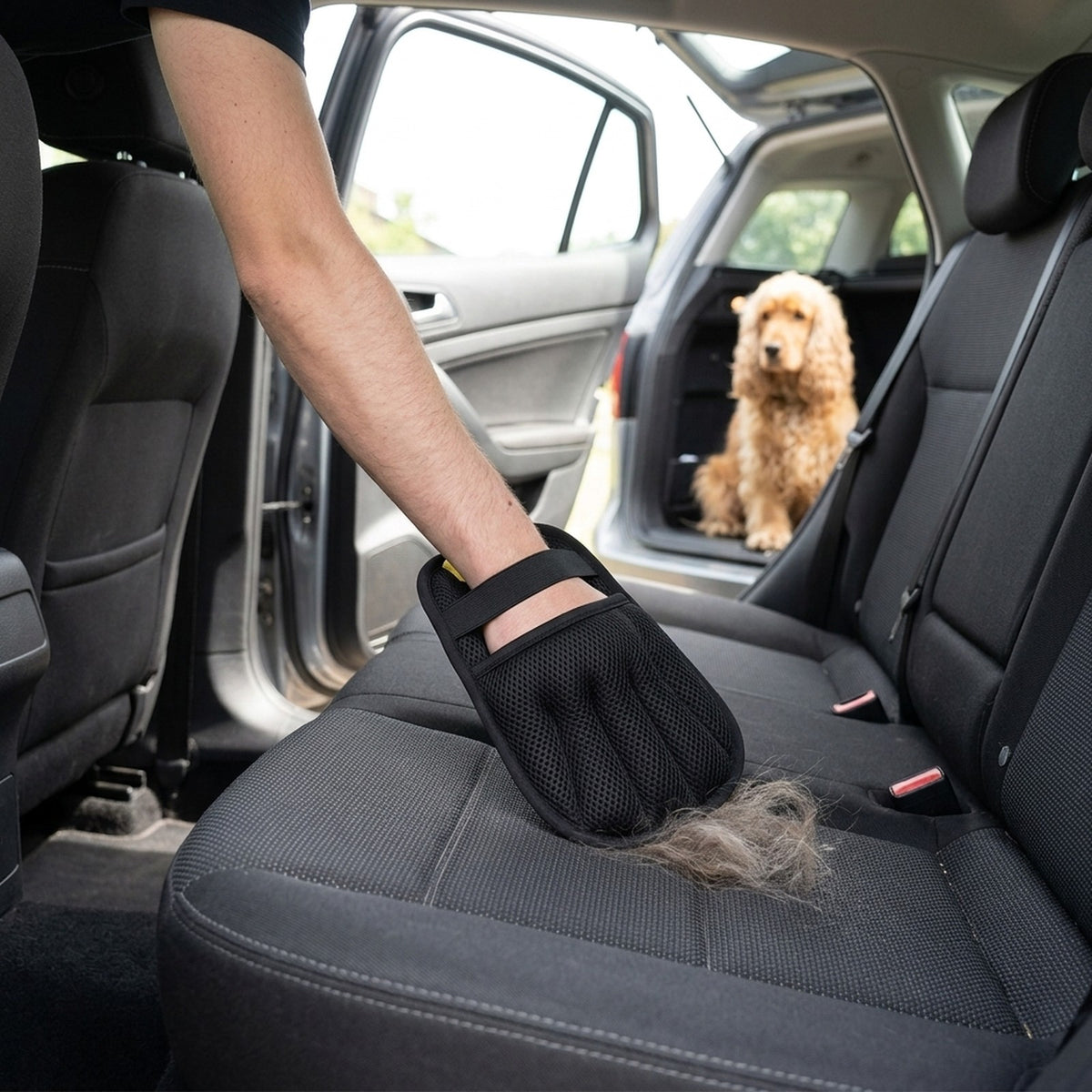 Removing dog hair from a car seat with the pet hair remover glove