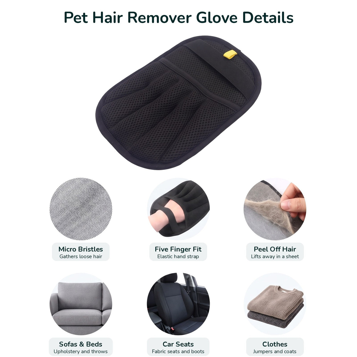 Pet hair remover glove features