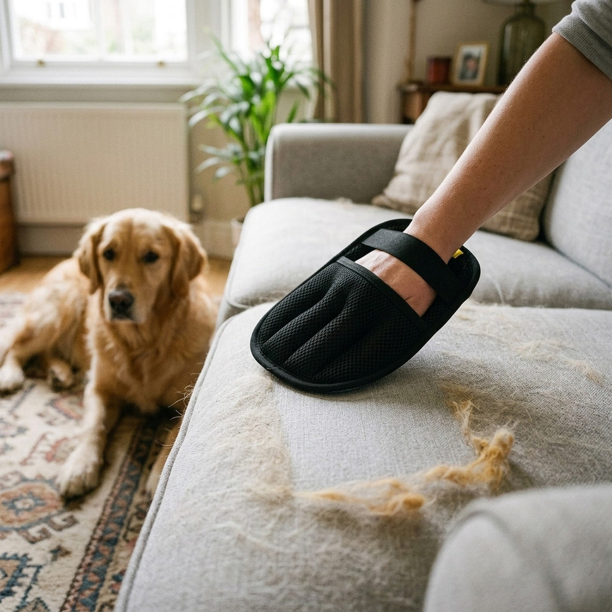 Wiping dog hair off a grey sofa with the pet hair remover glove