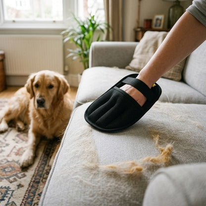 Wiping dog hair off a grey sofa with the pet hair remover glove