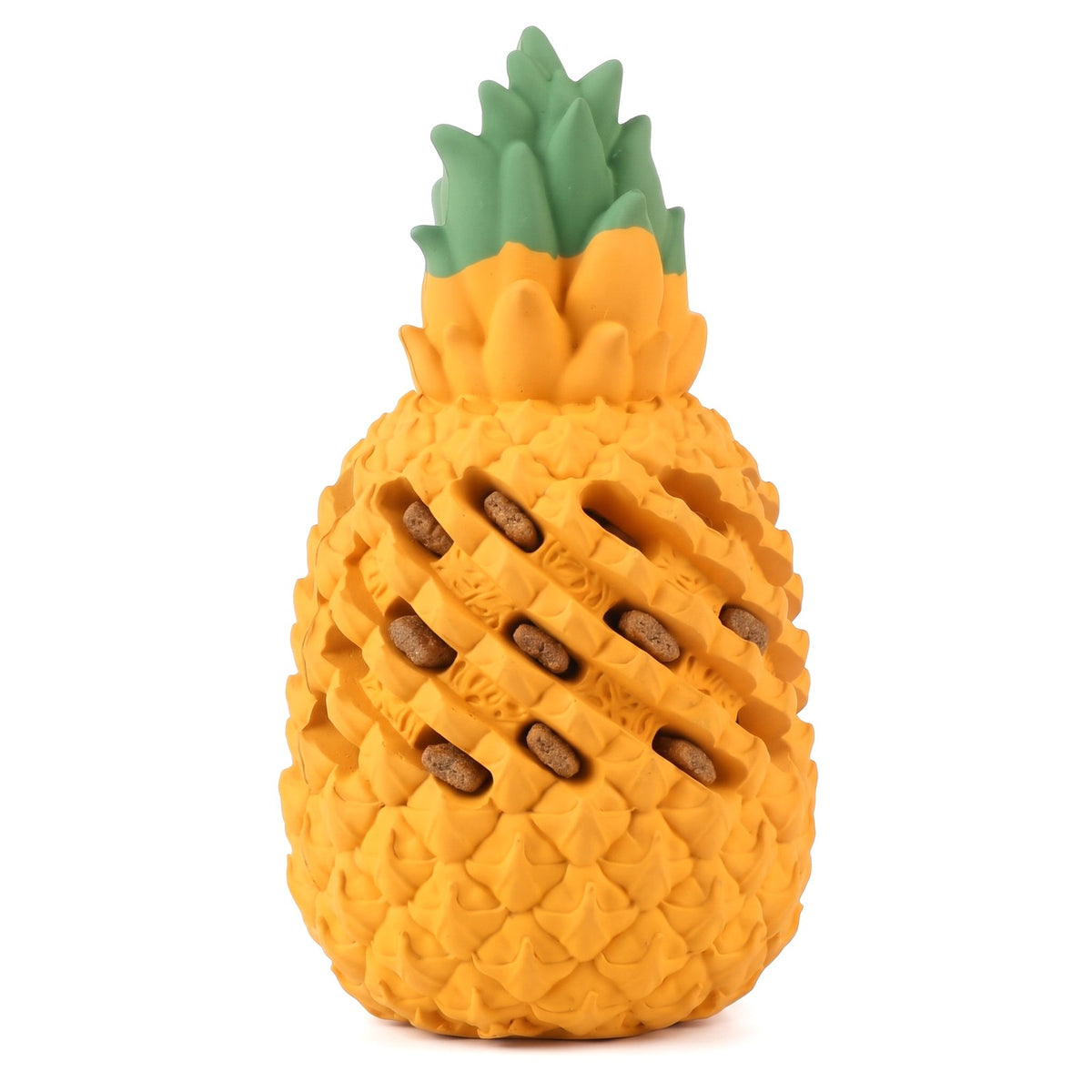 Close up of kibble in the treat slots of the pineapple dog chew toy