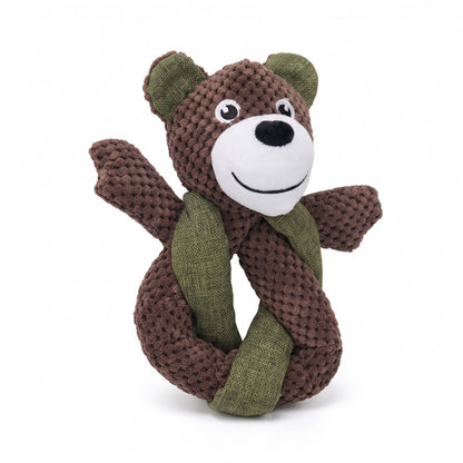 Brown bear plush squeaky dog toy with green linen look twisted knot body