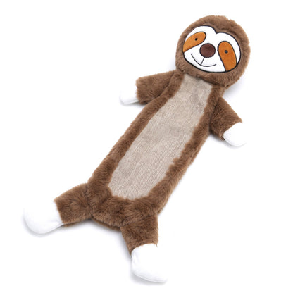 Flat brown sloth plush squeaky dog toy with beige linen look belly