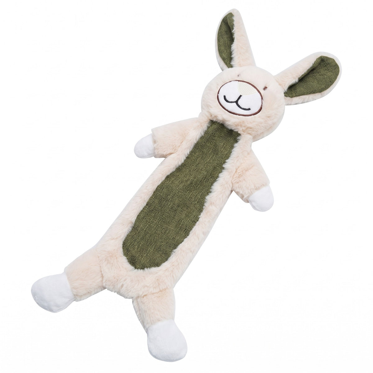 Flat cream rabbit plush squeaky dog toy with green linen look belly and ears