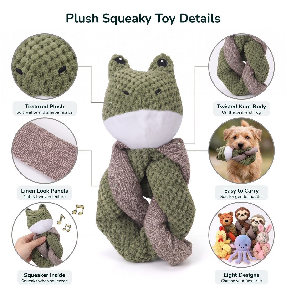 Plush squeaky dog toy details infographic