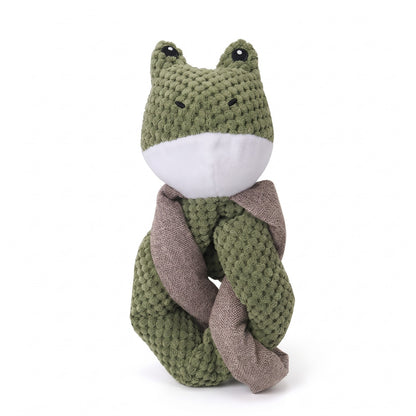 Green frog plush squeaky dog toy with taupe linen look twisted knot body