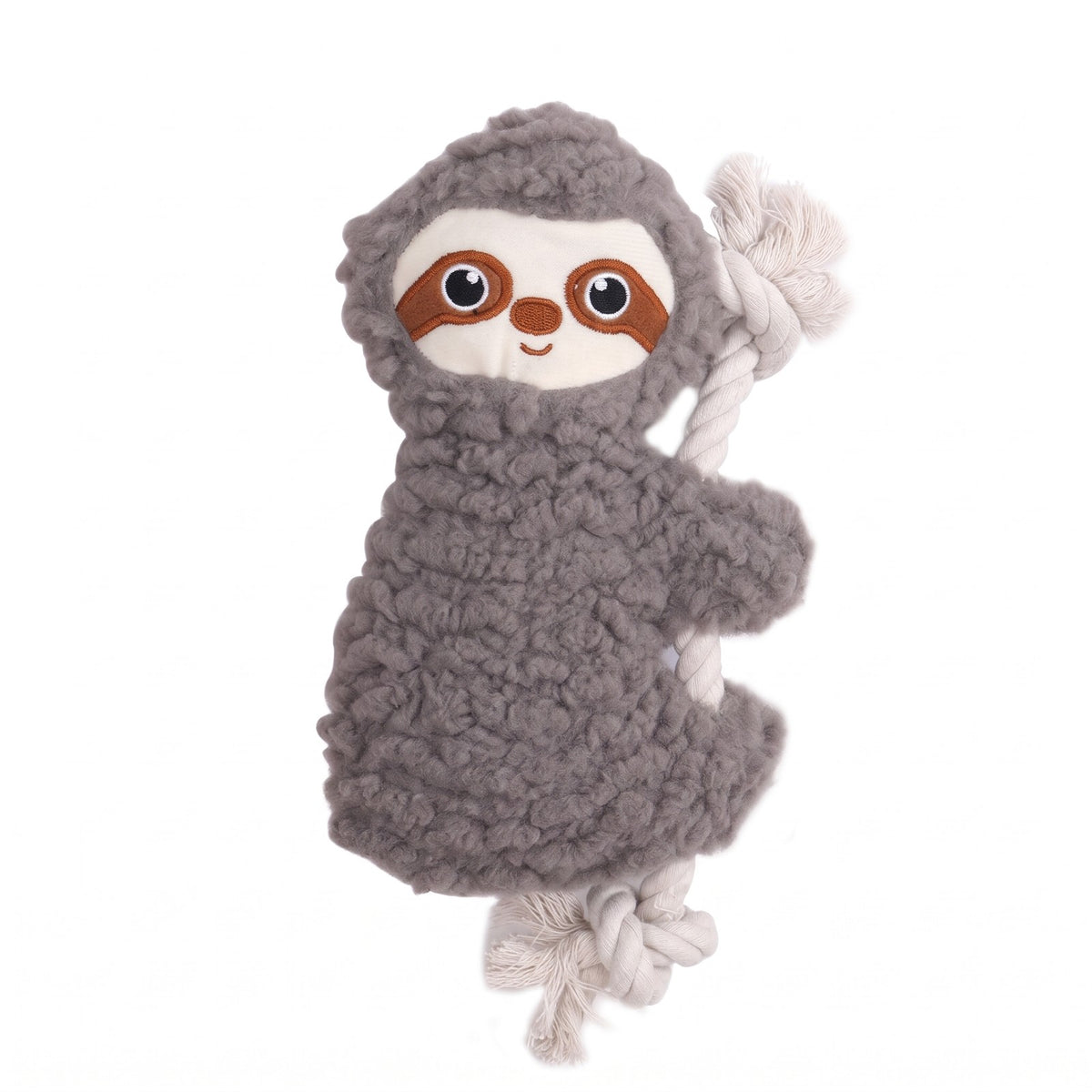 Grey sloth plush squeaky dog toy threaded on a cotton tug rope
