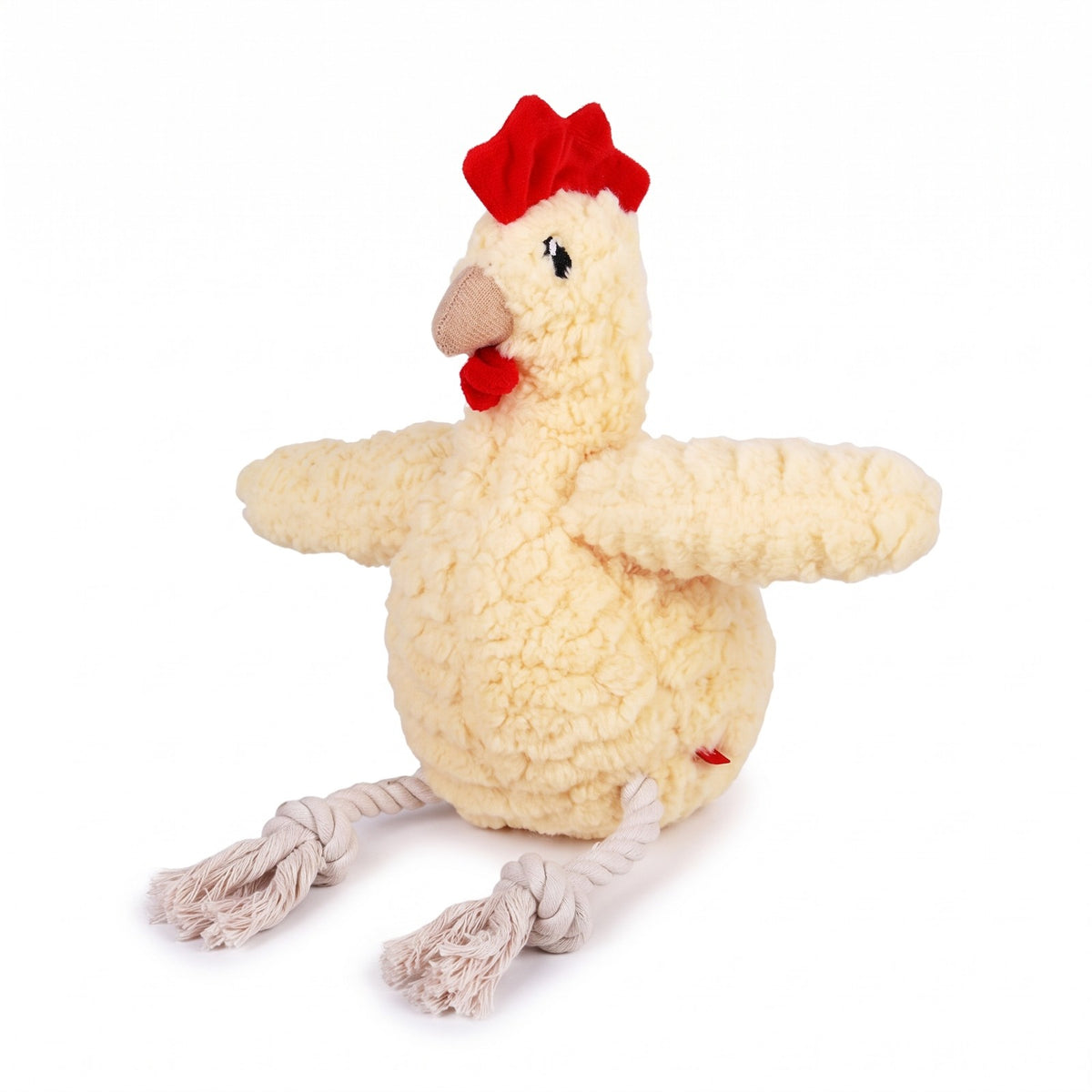 Yellow chicken plush squeaky dog toy with knotted rope legs
