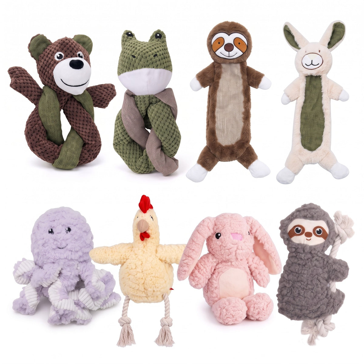 Eight plush squeaky dog toy designs together