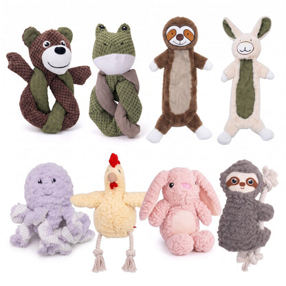 Eight plush squeaky dog toy designs together