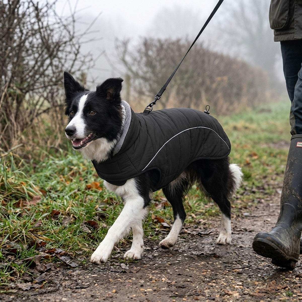 Border Collie in a Black quilted dog jacket on a countryside walk with the lead clipped to the back ring
