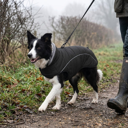 Border Collie in a Black quilted dog jacket on a countryside walk with the lead clipped to the back ring