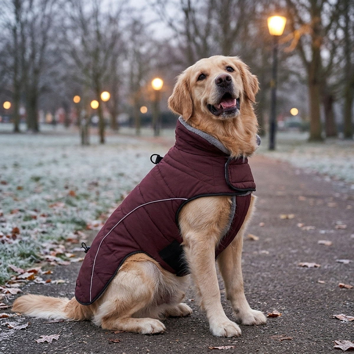 Golden Retriever in a Dark Red quilted dog jacket in a frosty park