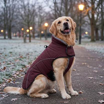 Golden Retriever in a Dark Red quilted dog jacket in a frosty park